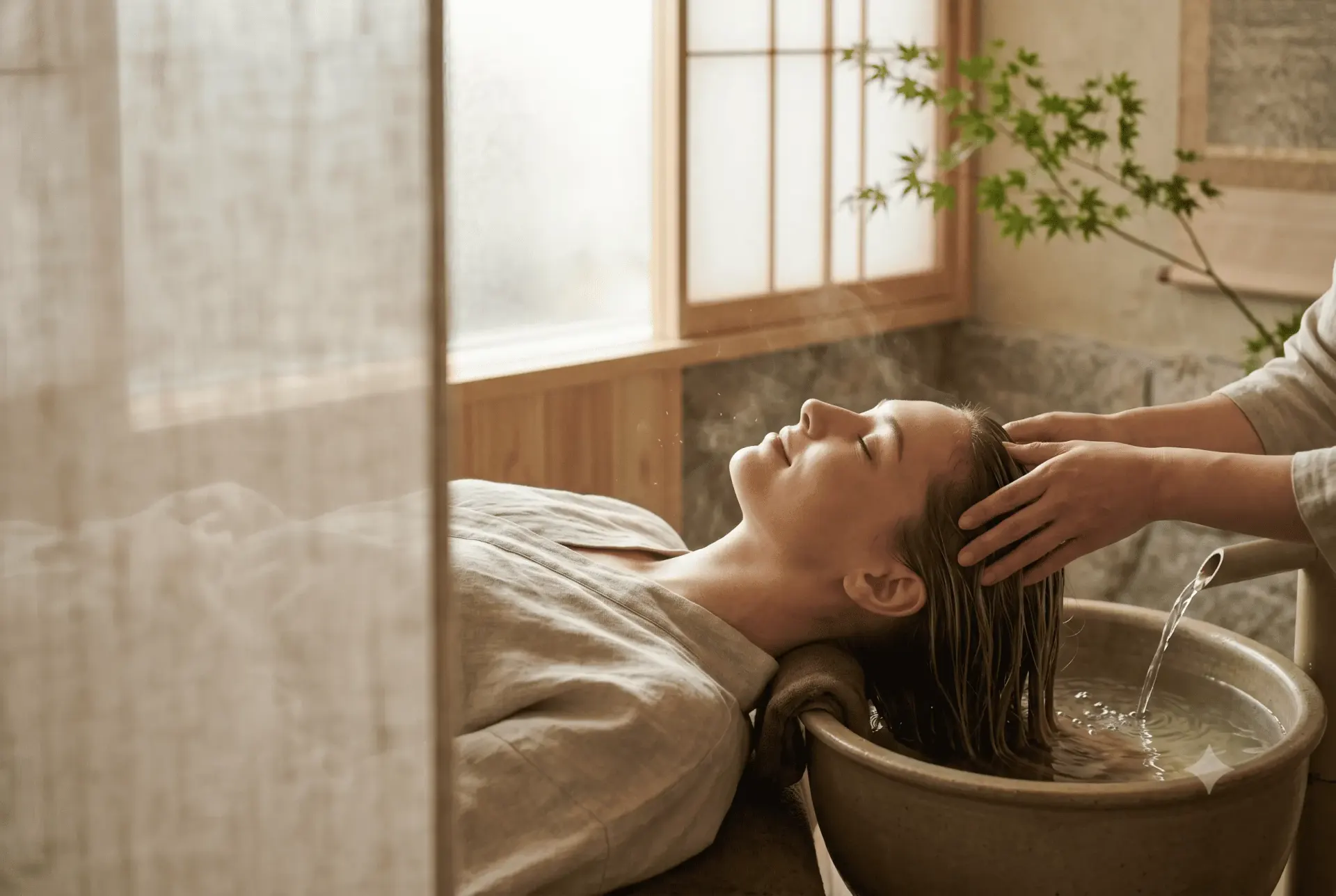 Soin head spa japonais : massage du cuir chevelu et rinçage à l’eau tiède en institut